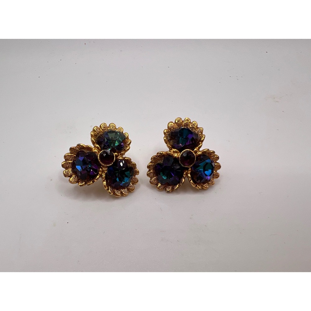 Vintage Rivoli Crystal Gold Tone Floral Cluster Purple Blue Rhinestone Clip Ons